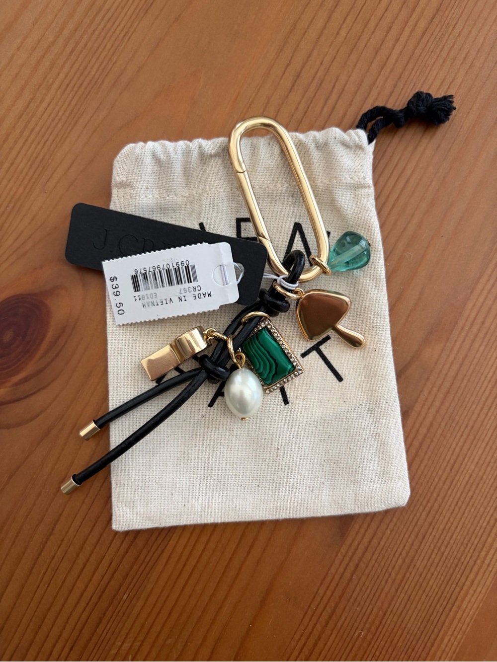 New NWT J.Crew Black Cord with Charms Bag Charm Key Ring MSRP $39